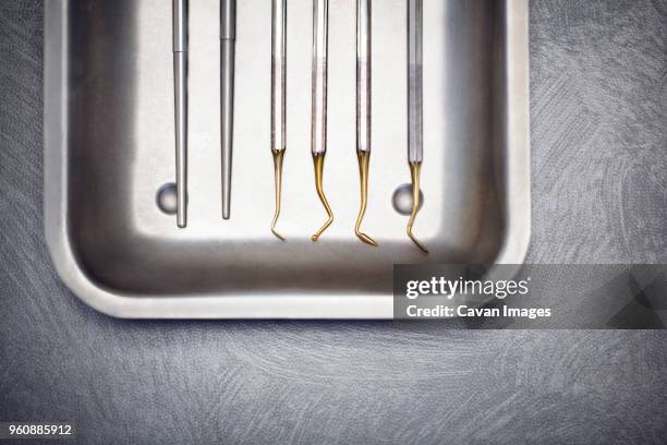 overhead view of dental equipment in tray on table - plaque remover stock pictures, royalty-free photos & images