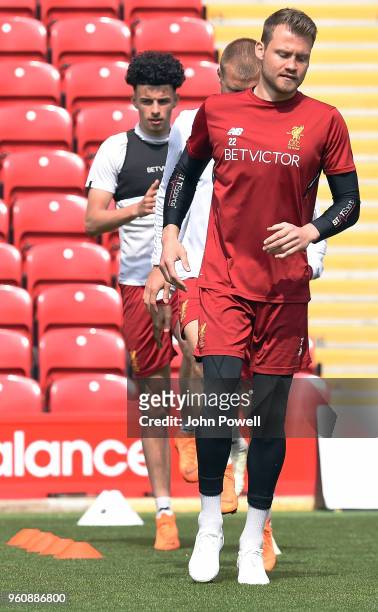 Simon Mignolet of Liverpool during a training session at Anfield on May 21, 2018 in Liverpool, England.