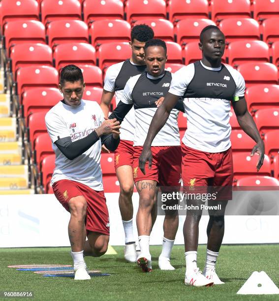 Roberto Firmino;Nathaniel Clyne;Sadio Mane;Dominic Solanke of Liverpool during a training session at Anfield on May 21, 2018 in Liverpool, England.