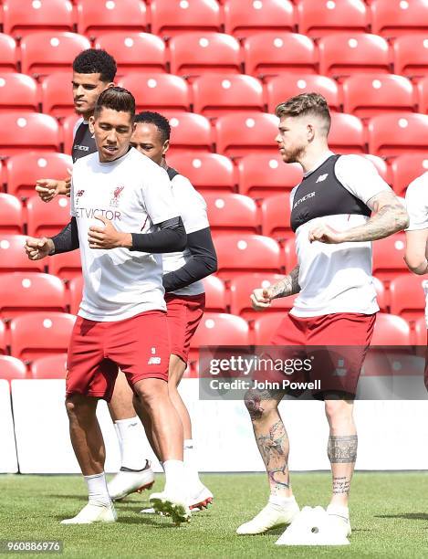 Roberto Firmino;Nathaniel Clyne;Sadio Mane;Dominic Solanke of Liverpool during a training session at Anfield on May 21, 2018 in Liverpool, England.