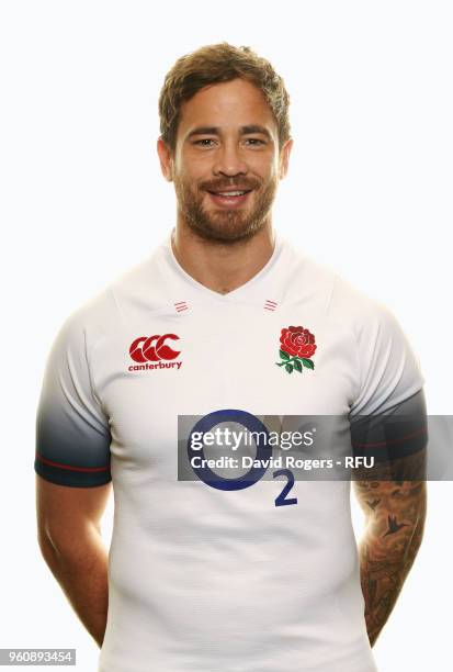 Danny Cipriani of England poses for a portrait during the England Elite Player Squad Photo call held at Pennyhill Park on May 21, 2018 in Bagshot,...