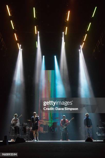 Wayne Sermon, Dan Reynolds, Ben McKee and Daniel Platzman of Imagine Dragons perform on stage at Spark Arena on May 21, 2018 in Auckland, New Zealand.