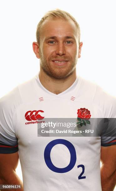 Dan Robson of England poses for a portrait during the England Elite Player Squad Photo call held at Pennyhill Park on May 21, 2018 in Bagshot,...