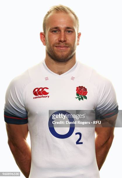 Dan Robson of England poses for a portrait during the England Elite Player Squad Photo call held at Pennyhill Park on May 21, 2018 in Bagshot,...