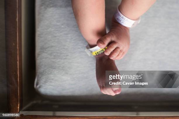 low section of newborn lying in crib at hospital - lettino ospedale foto e immagini stock