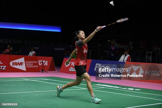 Fitriani Fitriani of Indonesia competes against Soniia Cheah of Malaysia during Preliminary Round on day two of the BWF Thomas & Uber Cup at Impact...