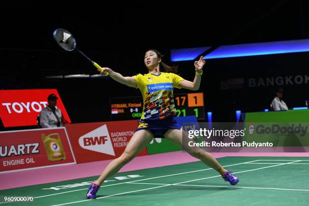 Soniia Cheah of Malaysia competes against Fitriani Fitriani of Indonesia during Preliminary Round on day two of the BWF Thomas & Uber Cup at Impact...