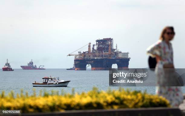 The Bahamian flagged 115-meter-long, 57-meter-high and 80-meter-wide semi-submersible drilling platform Scarabeo 9 is seen on Istanbuls Bosphorus...