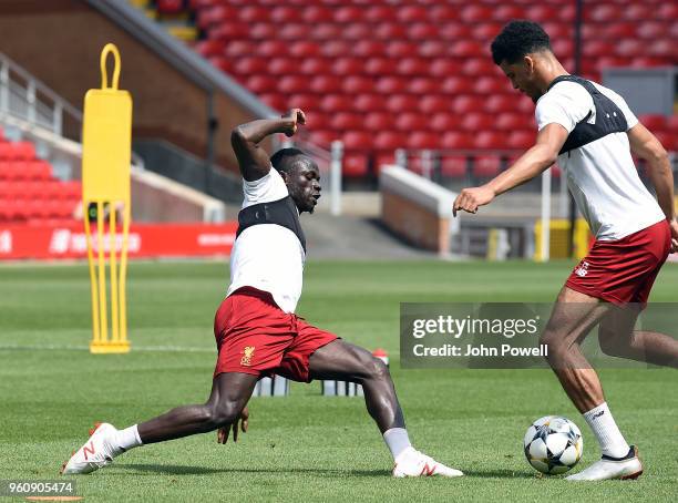 Sadio Mane;Dominic Solanke of Liverpool during the Training session at Anfield on May 21, 2018 in Liverpool, England.