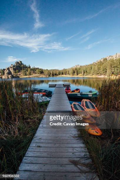 view of pier at lake against cloudy sky - custer state park stock pictures, royalty-free photos & images