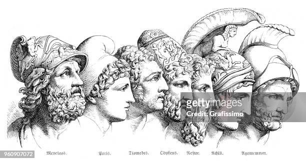 engraving portrait of greek heroes of troja 1880 - achilles stock illustrations