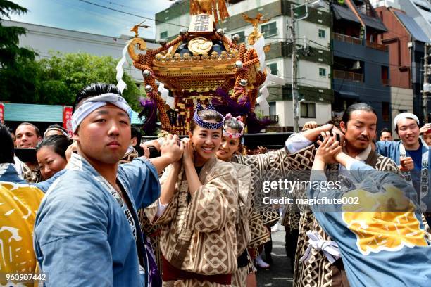 sanja festival of asakusa shrine/sensoji temple, tokyo - mikoshi stock pictures, royalty-free photos & images