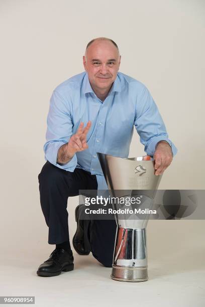 Pablo Laso, Head Coach of Real Madrid poses during 2018 Turkish Airlines EuroLeague F4 Champion Photo Session with Trophy at Stark Arena on May 20,...