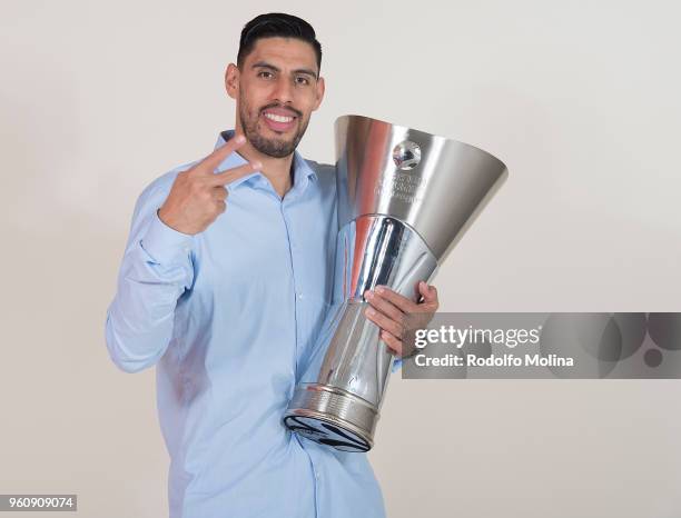 Gustavo Ayon, #14 of Real Madrid poses during 2018 Turkish Airlines EuroLeague F4 Champion Photo Session with Trophy at Stark Arena on May 20, 2018...