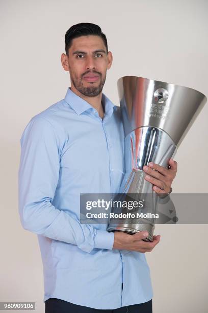 Gustavo Ayon, #14 of Real Madrid poses during 2018 Turkish Airlines EuroLeague F4 Champion Photo Session with Trophy at Stark Arena on May 20, 2018...