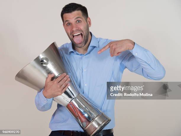 Felipe Reyes, #9 of Real Madrid poses during 2018 Turkish Airlines EuroLeague F4 Champion Photo Session with Trophy at Stark Arena on May 20, 2018 in...