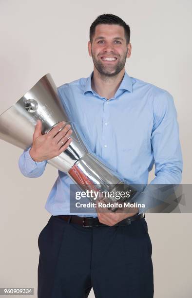 Felipe Reyes, #9 of Real Madrid poses during 2018 Turkish Airlines EuroLeague F4 Champion Photo Session with Trophy at Stark Arena on May 20, 2018 in...