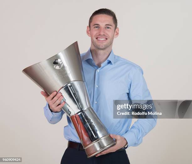 Fabien Causeur, #1 of Real Madrid poses during the 2018 Turkish Airlines EuroLeague F4 Champion Photo Session with Trophy at Stark Arena on May 20,...