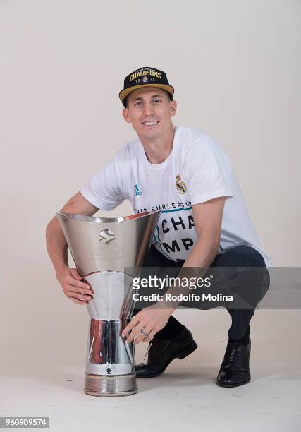 Jaycee Carroll, #20 of Real Madrid poses during the 2018 Turkish Airlines EuroLeague F4 Champion Photo Session with Trophy at Stark Arena on May 20,...