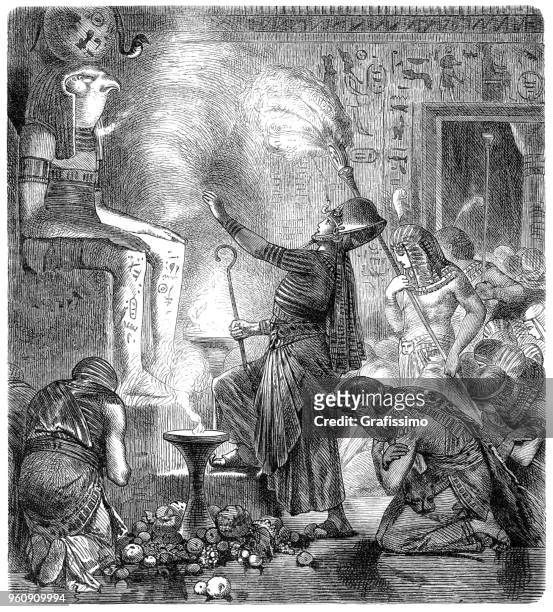 egyptian pharao in temple at religious ceremony in ancient egypt - pharao stock illustrations