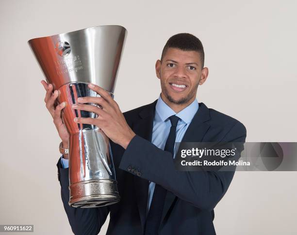 Walter Tavares, #22 of Real Madrid poses during the 2018 Turkish Airlines EuroLeague F4 Champion Photo Session with Trophy at Stark Arena on May 20,...