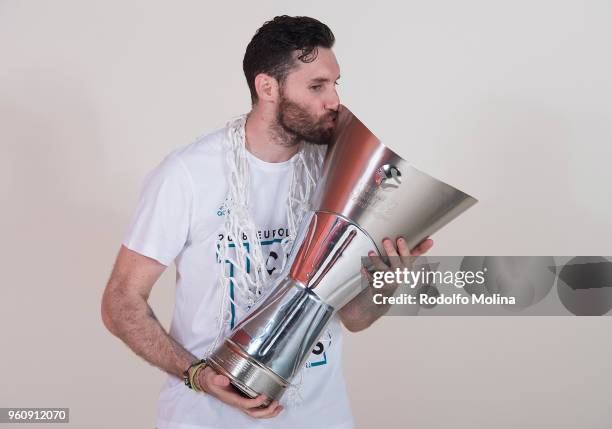 Rudy Fernandez, #5 of Real Madrid poses during the 2018 Turkish Airlines EuroLeague F4 Champion Photo Session with Trophy at Stark Arena on May 20,...