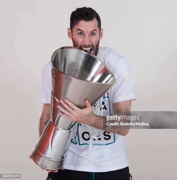 Rudy Fernandez, #5 of Real Madrid poses during the 2018 Turkish Airlines EuroLeague F4 Champion Photo Session with Trophy at Stark Arena on May 20,...