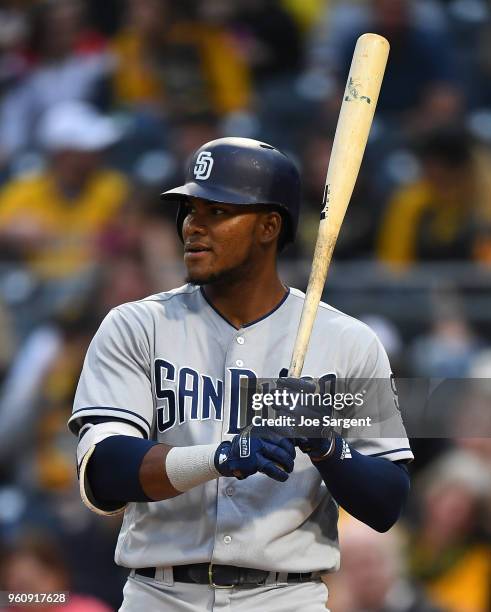 Franchy Cordero of the San Diego Padres bats during the game against the Pittsburgh Pirates at PNC Park on May 18, 2018 in Pittsburgh, Pennsylvania.