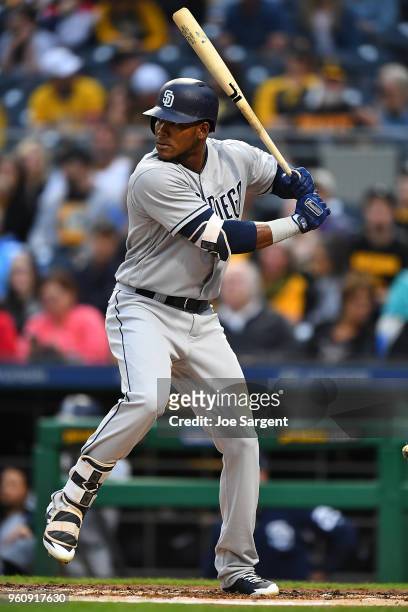 Franchy Cordero of the San Diego Padres bats during the game against the Pittsburgh Pirates at PNC Park on May 18, 2018 in Pittsburgh, Pennsylvania.