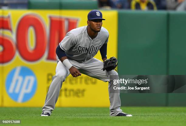 Franchy Cordero of the San Diego Padres in action during the game against the Pittsburgh Pirates at PNC Park on May 18, 2018 in Pittsburgh,...