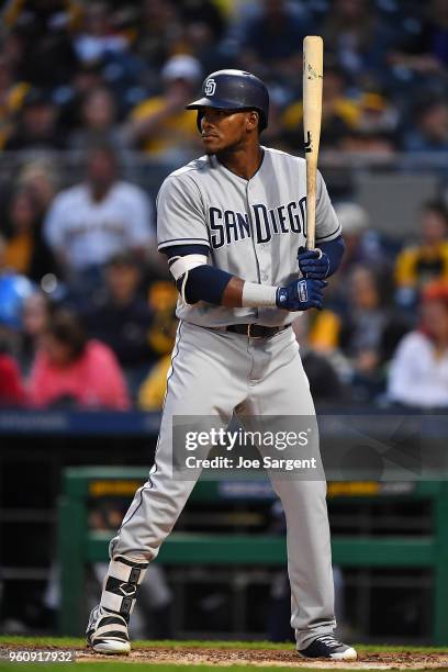 Franchy Cordero of the San Diego Padres bats during the game against the Pittsburgh Pirates at PNC Park on May 18, 2018 in Pittsburgh, Pennsylvania.