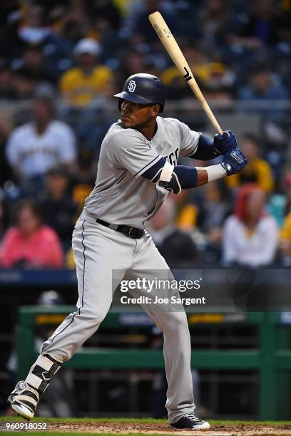 Franchy Cordero of the San Diego Padres bats during the game against the Pittsburgh Pirates at PNC Park on May 18, 2018 in Pittsburgh, Pennsylvania.