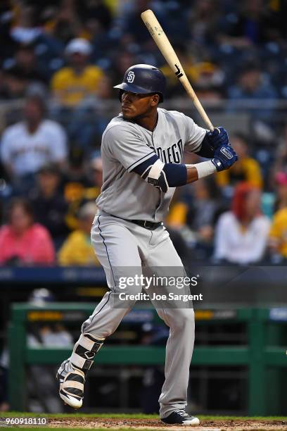 Franchy Cordero of the San Diego Padres bats during the game against the Pittsburgh Pirates at PNC Park on May 18, 2018 in Pittsburgh, Pennsylvania.