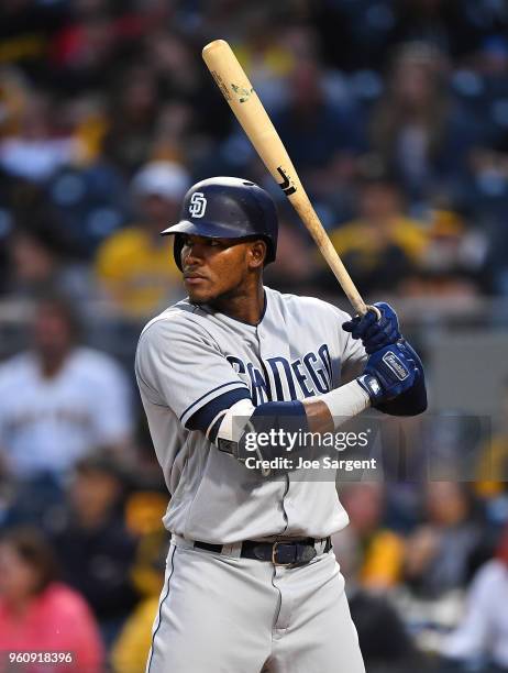 Franchy Cordero of the San Diego Padres bats during the game against the Pittsburgh Pirates at PNC Park on May 18, 2018 in Pittsburgh, Pennsylvania.