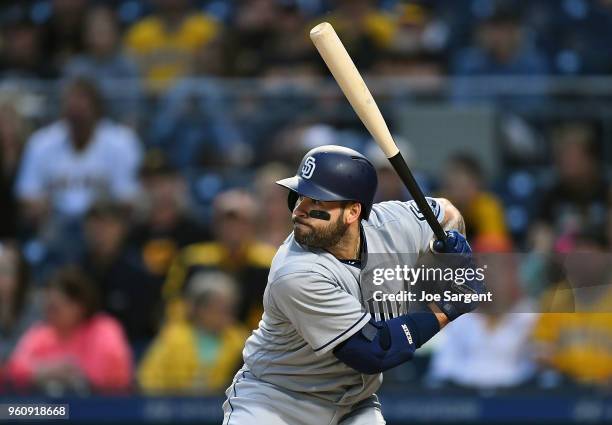 Raffy Lopez of the San Diego Padres bats during the game against the Pittsburgh Pirates at PNC Park on May 18, 2018 in Pittsburgh, Pennsylvania.