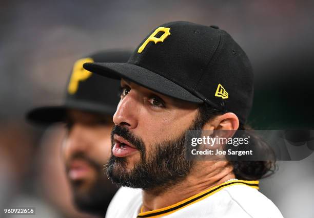 Sean Rodriguez of the Pittsburgh Pirates looks on during the game against the San Diego Padres at PNC Park on May 18, 2018 in Pittsburgh,...