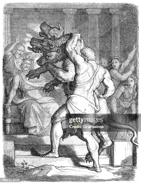 stockillustraties, clipart, cartoons en iconen met hercules ontvoering cerberus vechterij op tartaros illustratie 1880 - mythological character