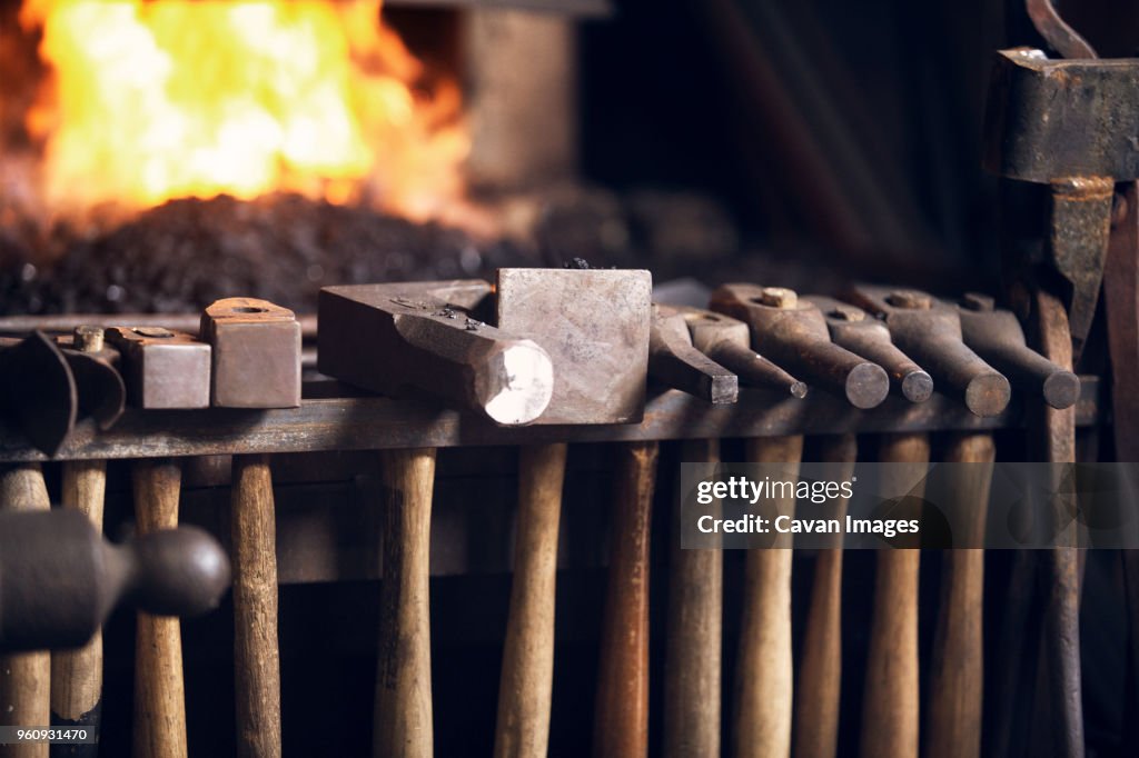 Various Hammers Hanging On Rack In Blacksmith Shop High-Res Stock Photo ...