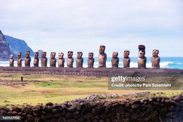 wide angle view of moai statues at ahu tongariki on rapa nui - ahu tongariki stockfoto's en -beelden
