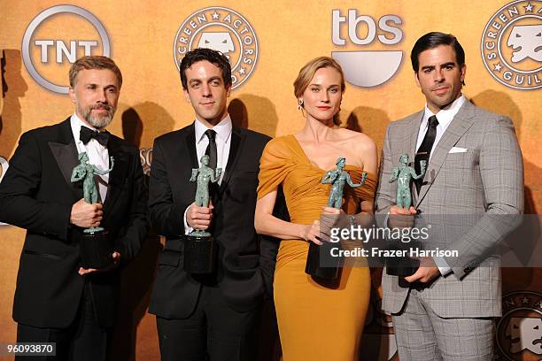 Actors Christoph Waltz, B.J. Novak, Diane Kruger and Eli Roth pose with the Cast In A Motion Picture award for 'Inglourious Basterds' in the press...
