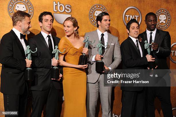 Actors Christoph Waltz, B.J. Novak, Diane Kruger, Eli Roth, Omar Doom and Jacky Ido pose with the Cast In A Motion Picture award for 'Inglourious...