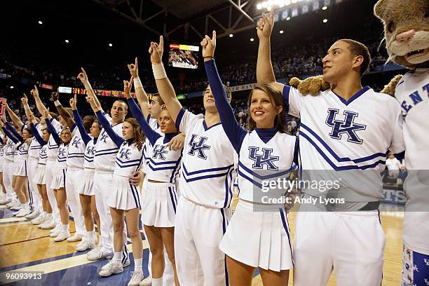 The Kentucky Wildcats cheerleaders are pictured following the SEC game against the Arkansas Razorbacks on January 23, 2010 at Rupp Arena in...