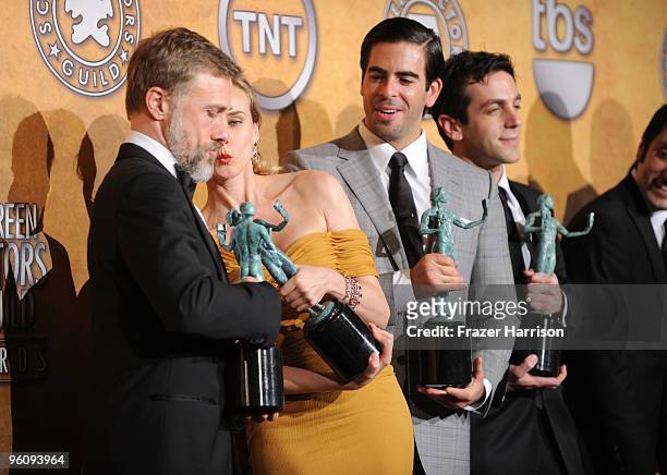 Actors Christoph Waltz, Diane Kruger, Eli Roth and B.J. Novak pose with the Cast In A Motion Picture award for 'Inglourious Basterds' in the press...