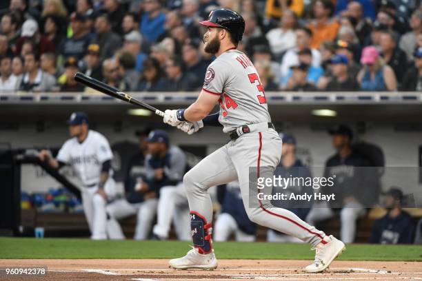 Bryce Harper of the Washington Nationals hits during the game against the San Diego Padres at PETCO Park on May 8, 2018 in San Diego, California....