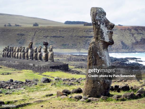 wide angle view of moai statues at ahu tongariki on rapa nui - ahu tongariki stockfoto's en -beelden
