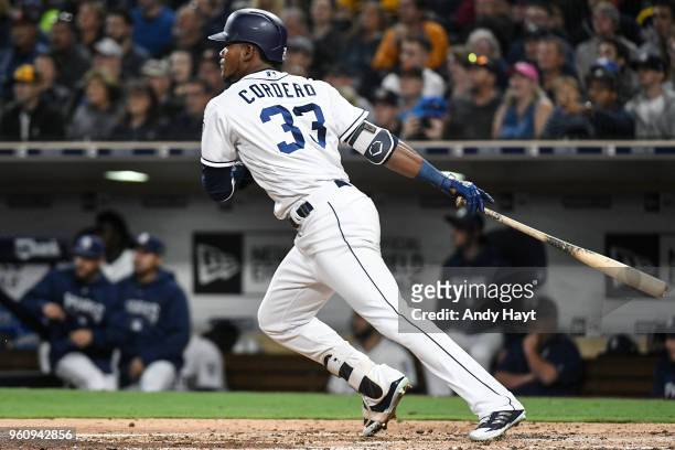 Franchy Cordero of the San Diego Padres hits during the game against the Washington Nationals at PETCO Park on May 8, 2018 in San Diego, California....