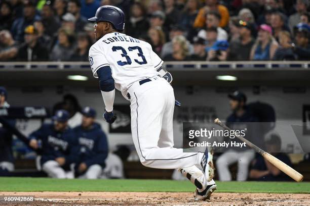 Franchy Cordero of the San Diego Padres hits during the game against the Washington Nationals at PETCO Park on May 8, 2018 in San Diego, California....