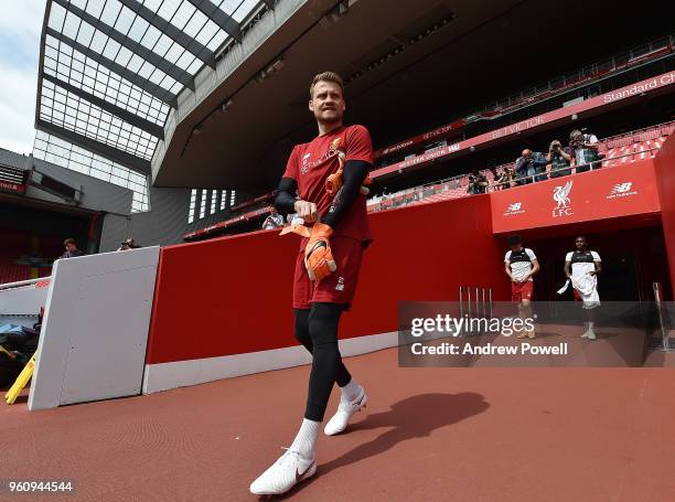 Simon Mignolet of Liverpool arrives before the Training session at Anfield on May 21, 2018 in Liverpool, England.