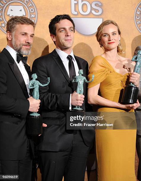 Actors Christoph Waltz, B.J. Novak and Diane Kruger pose with the Cast In A Motion Picture award for 'Inglourious Basterds' in the press room at the...