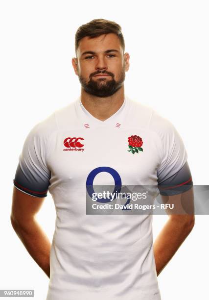 Elliott Stooke of England poses for a portrait during the England Elite Player Squad Photo call held at Pennyhill Park on May 21, 2018 in Bagshot,...